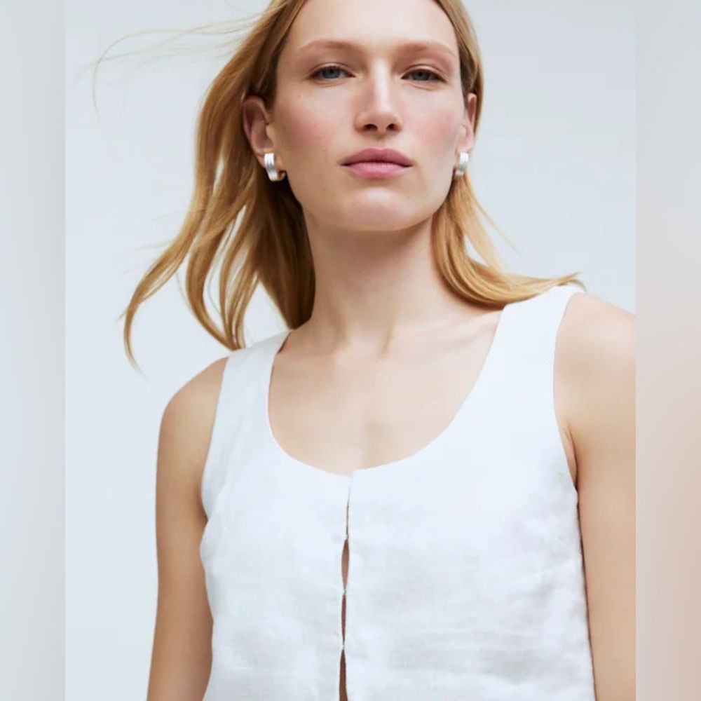 Madewell Scoopneck Crop Tank in 100% Linen Eyelet White 4 Sleeveless Boho NP015 - Picture 4 of 14